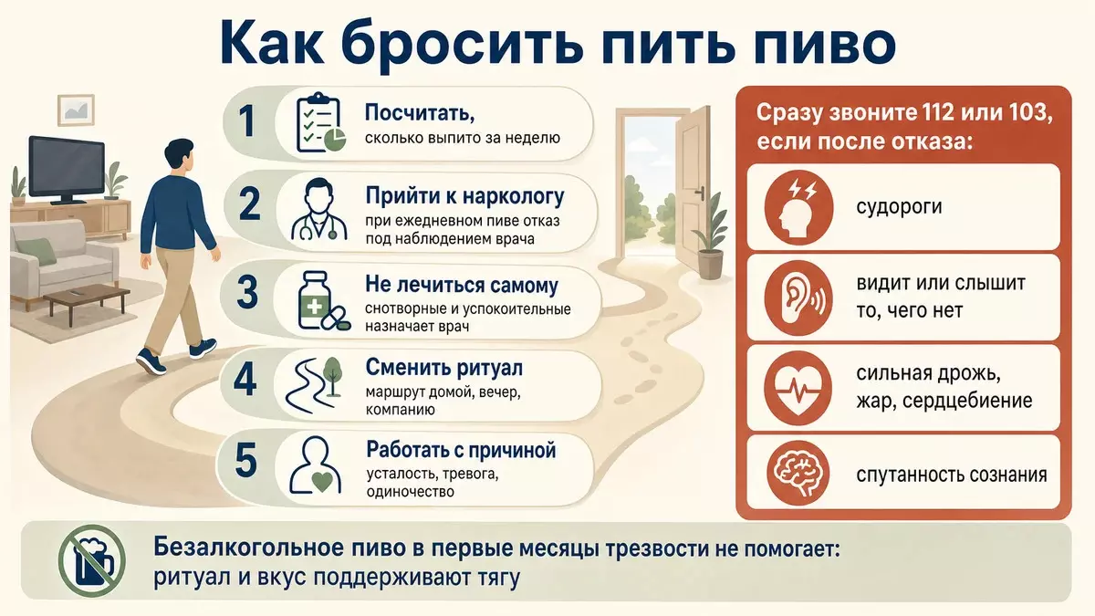 Как бросить пить пиво: посчитать выпитое, прийти к наркологу, не лечиться самостоятельно, сменить ритуал, работать с причиной; признаки, при которых звонить 112 или 103