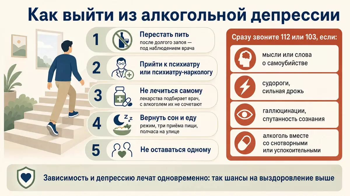 Как выйти из алкогольной депрессии: прекратить употребление, обратиться к врачу, не лечиться самостоятельно, восстановить сон и питание, не оставаться одному
