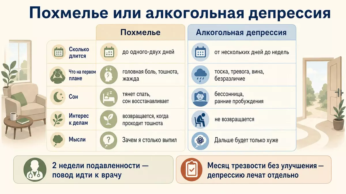Похмелье или алкогольная депрессия: сравнение по длительности, симптомам, сну и интересу к делам
