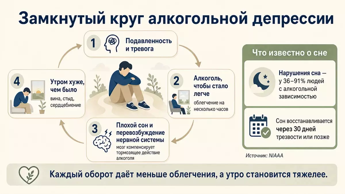 Замкнутый круг алкогольной депрессии: подавленность, алкоголь для облегчения, нарушение сна и тревога, ещё более тяжёлое состояние